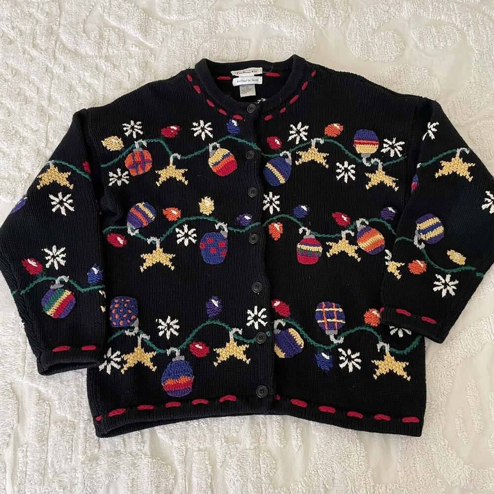 VTG 90s Talbots Christmas Cardigan Sweater Hand Knit Ornament Lights Tree Medium